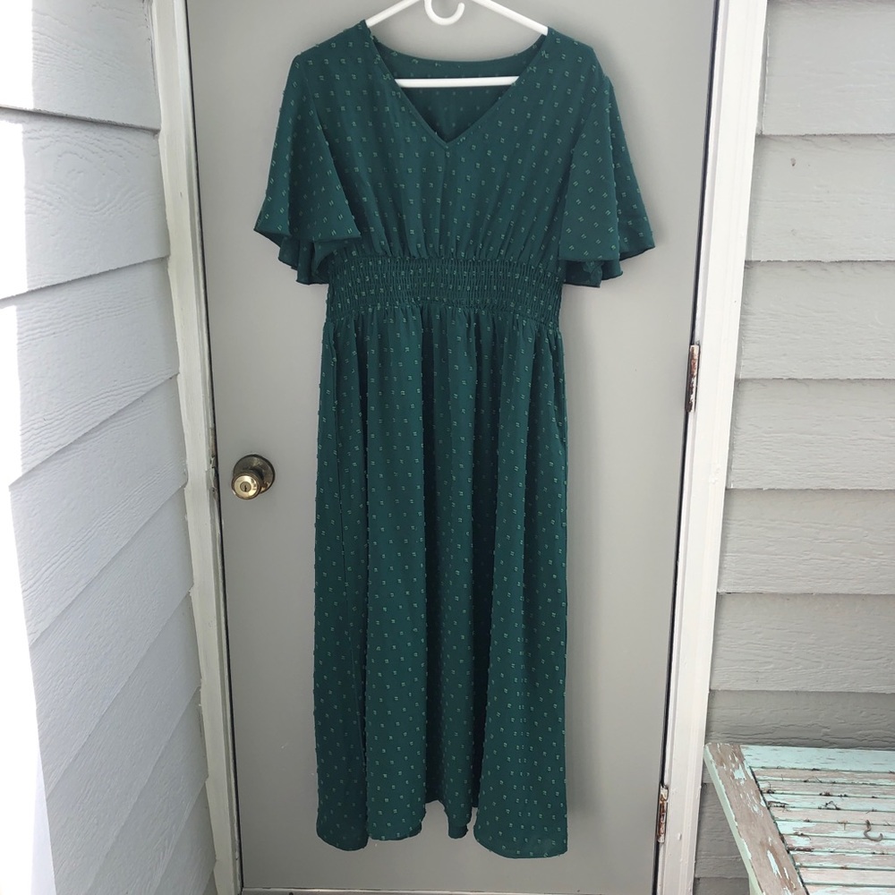 Swiss Dot Flutter Sleeve Dress, Shirred Waist V-neck Dress For Spring & Summer
